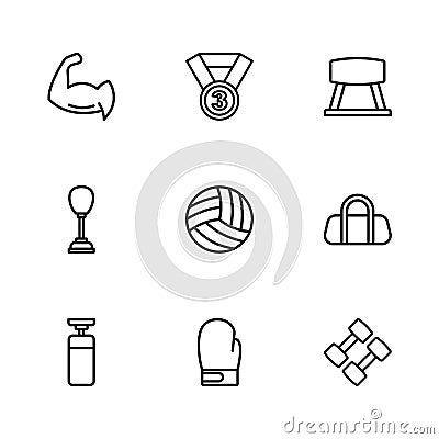 Set line Boxing glove, Sport bag, Dumbbell, Volleyball ball, Pommel horse, Bodybuilder showing his muscles, Medal and Vector Illustration