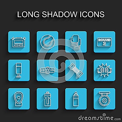 Set line Boxing training paws, Fitness shaker, Stopwatch, Punching bag, Gong, belt, boxing gloves and Chest expander Vector Illustration