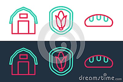 Set line Bread loaf, Farm house and Shield corn icon. Vector Stock Photo