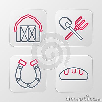 Set line Bread loaf, Horseshoe, Shovel and rake and Farm house icon. Vector Vector Illustration