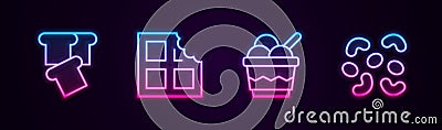 Set line Bread toast, Chocolate bar, Ice cream in bowl and Jelly candy. Glowing neon icon. Vector Vector Illustration