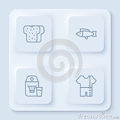 Set line Bread toast, Fish, Paper package for milk and Sport track suit. White square button. Vector Stock Photo