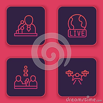 Set line Breaking news, Interview, Live report and Drone. Blue square button. Vector Vector Illustration