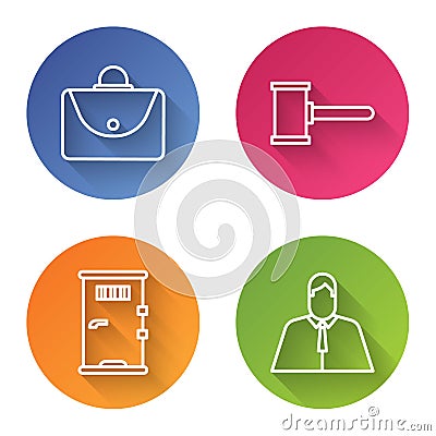 Set line Briefcase, Judge gavel, Prison cell door and Lawyer, attorney, jurist. Color circle button. Vector Vector Illustration
