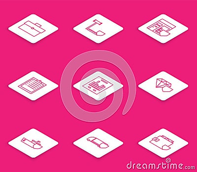 Set line Briefcase, Judge gavel with shield, Shopping building, Clipboard checklist, Document graph chart, Diamond, Ship Stock Photo