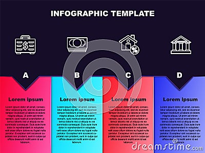 Set line Briefcase and money, Stacks paper cash, House with percant discount and Bank building. Business infographic Vector Illustration