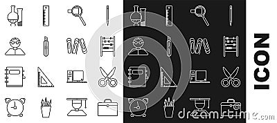 Set line Briefcase, Scissors, Abacus, Magnifying glass, Stationery knife, Student, Test tube and flask chemical Vector Illustration