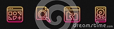 Set line Broken file, Different files, Search concept with folder and Hard disk drive HDD. Glowing neon icon. Vector Vector Illustration