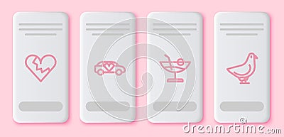 Set line Broken heart or divorce, Limousine car, Cocktail and Dove. White rectangle button. Vector Vector Illustration