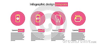 Set line Broken tooth, Coffee pot, Graduation cap on mobile and Shopping basket icon. Vector Vector Illustration
