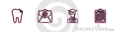 Set line Broken tooth, Graduate with graduation cap, Mail and e-mail and Clipboard dental card icon. Vector Stock Photo