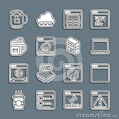 Set line Browser with exclamation mark, window, Laptop, MySQL code, Cloud technology data transfer, Processor, Cup of Stock Photo