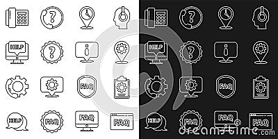 Set line Browser FAQ, Checklist with 24 hours service, Location gear, clock, Question mark, Computer monitor and help Vector Illustration