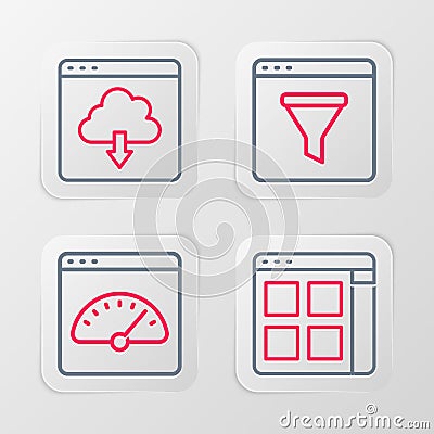 Set line Browser files, Digital speed meter, window and Cloud download icon. Vector Vector Illustration