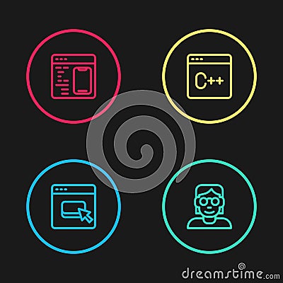 Set line Browser files, Hacker or coder, Software and icon. Vector Stock Photo