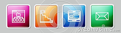 Set line Browser files, Stair with finish flag, Chat messages on laptop and Envelope. Colorful square button. Vector Vector Illustration