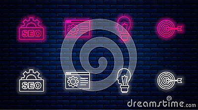 Set line Browser setting, Light bulb with concept of idea, SEO optimization and Target. Glowing neon icon on brick wall Vector Illustration