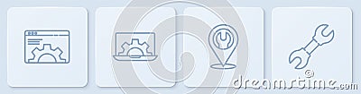 Set line Browser setting, Location with wrench spanner, Laptop and gear and Wrench. White square button. Vector Vector Illustration