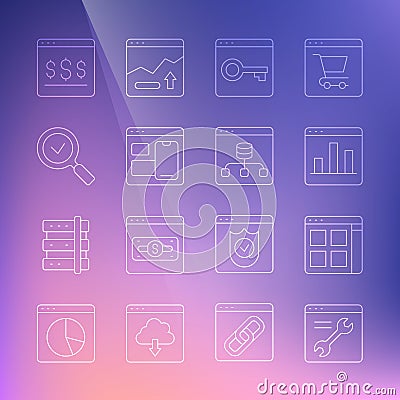 Set line Browser setting, Secure your site with HTTPS, SSL, Web developer programming code, Magnifying glass check mark Stock Photo