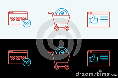 Set line Browser window, Website template and Shopping cart and dollar icon. Vector Stock Photo