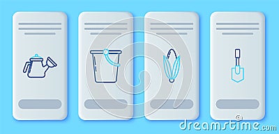Set line Bucket, Corn, Watering can and Shovel icon. Vector Vector Illustration