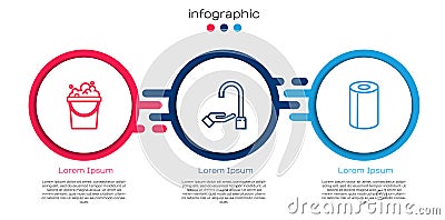 Set line Bucket with soap suds, Washing hands and Paper towel roll. Business infographic template. Vector Vector Illustration