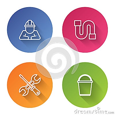 Set line Builder, Industry pipe, Screwdriver and wrench and Bucket. Color circle button. Vector Vector Illustration