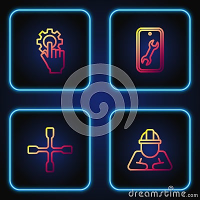 Set line Builder, Wheel wrench, Settings in the hand and Mobile service. Gradient color icons. Vector Vector Illustration