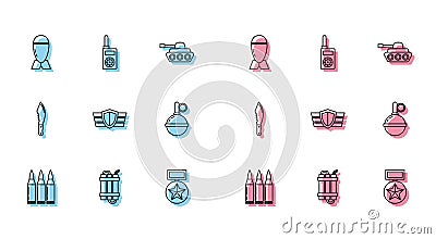 Set line Bullet, Detonate dynamite bomb stick, Aviation, Military reward medal, Hand grenade, knife and Walkie talkie Vector Illustration