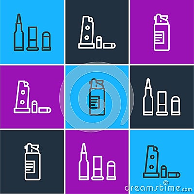 Set line Bullet, Weapons oil bottle and Gun magazine and bullets icon. Vector Vector Illustration