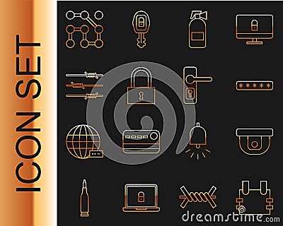 Set line Bulletproof vest, Motion sensor, Password protection, Fire extinguisher, Lock, Barbed wire, Graphic password Stock Photo