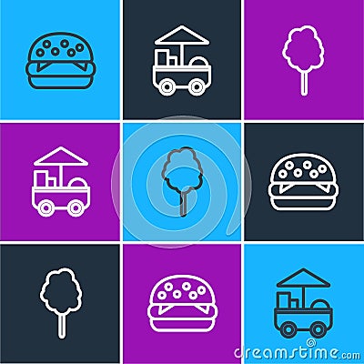 Set line Burger, Cotton candy and Fast street food cart icon. Vector Vector Illustration