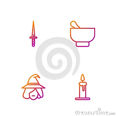 Set line Burning candle in candlestick, Witch, Dagger and Magic mortar pestle. Gradient color icons. Vector Vector Illustration