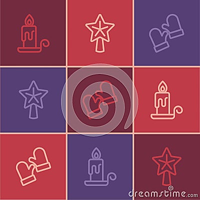 Set line Burning candle, Christmas mittens and star icon. Vector Stock Photo