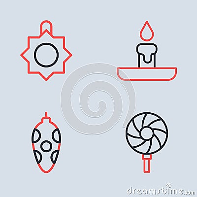 Set line Burning candle, Christmas toy, Lollipop and icon. Vector Vector Illustration