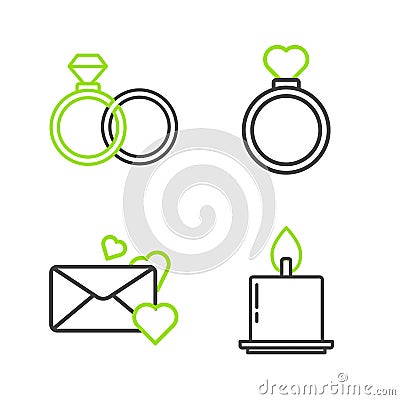 Set line Burning candle, Envelope with heart, Wedding rings and icon. Vector Stock Photo