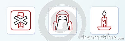 Set line Burning candle, No alcohol and Muslim woman niqab icon. Vector Stock Photo