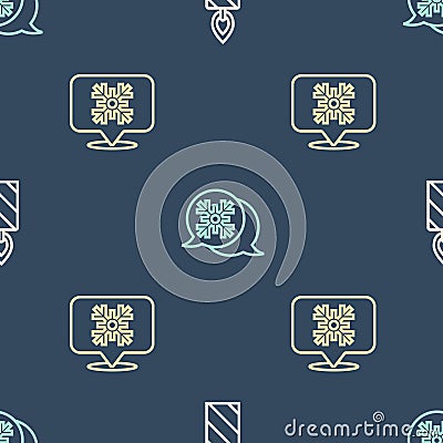 Set line Burning candle, Snowflake speech bubble and on seamless pattern. Vector Vector Illustration