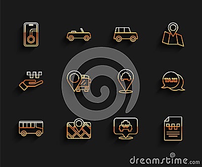 Set line Bus, Gps device with map, City navigation, Location taxi, Taxi driver license, bus, call telephone service and Stock Photo