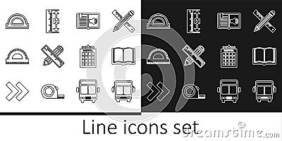 Set line Bus, Open book, Audio, Crossed ruler and pencil, Protractor grid, Hotel building and Measuring height length Stock Photo