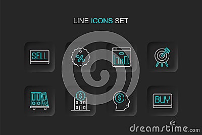 Set line Buy button, Business man planning mind, Bank building, Office folders, Target financial goal, Browser with Vector Illustration