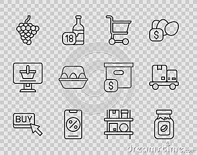 Set line Buy button, Coffee jar bottle, Shopping cart, Percent discount and mobile, Grape fruit, Chicken egg box Vector Illustration