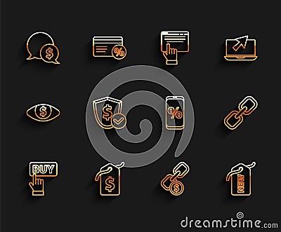 Set line Buy button, Price tag with dollar, Speech bubble, Chain link and coin, New, Shield, and Percent discount mobile Vector Illustration