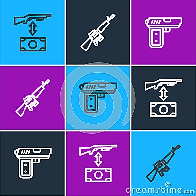 Set line Buying assault rifle, Pistol or gun and M16A1 icon. Vector Vector Illustration