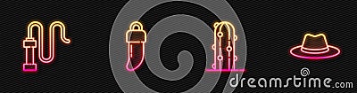 Set line Cactus, Leather whip, Tooth and Western cowboy hat. Glowing neon icon. Vector Vector Illustration