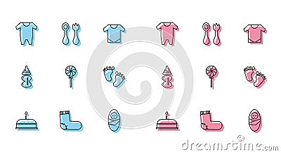 Set line Cake with burning candles, Baby socks clothes, Newborn baby infant swaddled, Lollipop, footprints, bottle and Vector Illustration