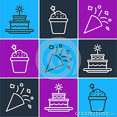 Set line Cake with burning candles, Festive confetti and Cake icon. Vector Vector Illustration