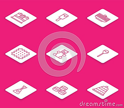 Set line Cake, Ice cream, Stack of pancakes, Cracker biscuit, Jelly bear candy, Lollipop, Candy and Macaron cookie icon Stock Photo