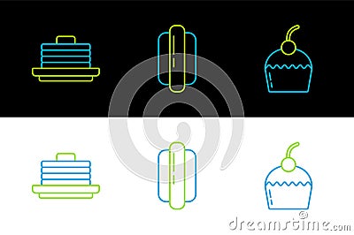 Set line Cake, Stack of pancakes and Hotdog sandwich icon. Vector Vector Illustration