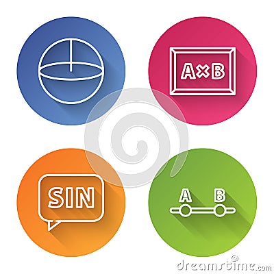 Set line Calculator, Calculation, Human brain and Test or exam sheet. Color circle button. Vector Vector Illustration